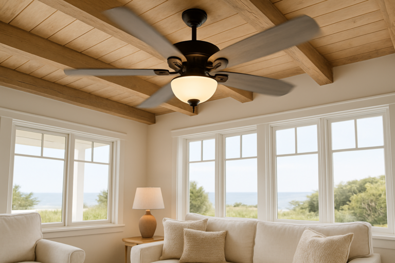 Ceiling fan with integrated light kit mounted on a beamed ceiling in a bright coastal living room on the Monterey Peninsula.