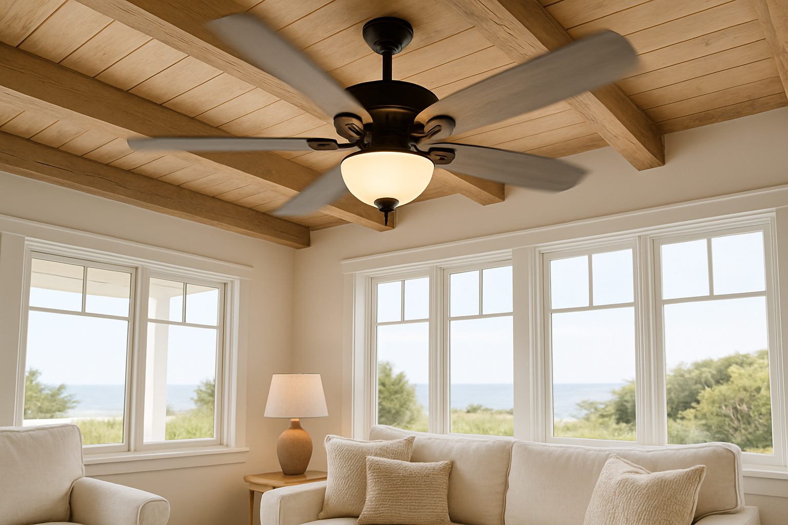 Ceiling fan with integrated light kit mounted on a beamed ceiling in a bright coastal living room on the Monterey Peninsula.
