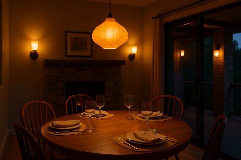 Warm layered in a residential dining room with pendant fixture, wall sconces, and outdoor patio lights visible