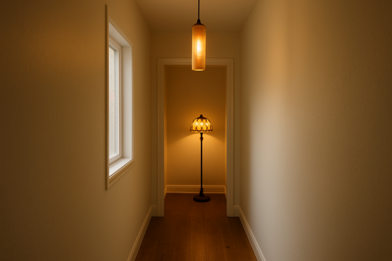 Slim cylinder pendant light hanging in a narrow hallway alongside a bronze floor lamp with a mosaic shell shade