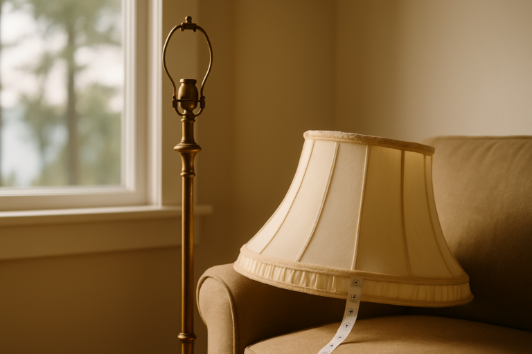 Antique brass floor lamp with no shade beside an old silk shade and measuring tape on a chair