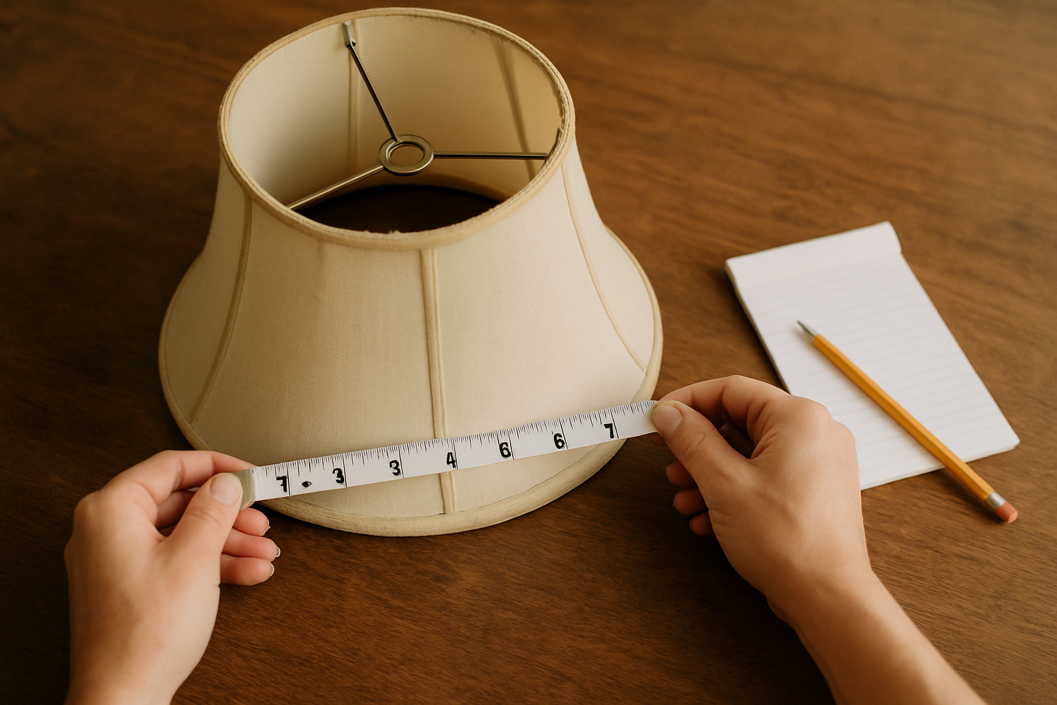 Hands measuring the bottom diameter of an upside-down vintage lamp shade with a spider fitter visible