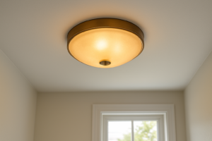 Tinted glass flush mount ceiling light with brass trim mounted on a white ceiling in a small room.