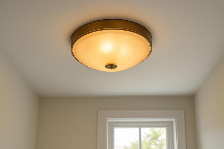 Tinted glass flush mount ceiling light with brass trim mounted on a white ceiling in a small room.