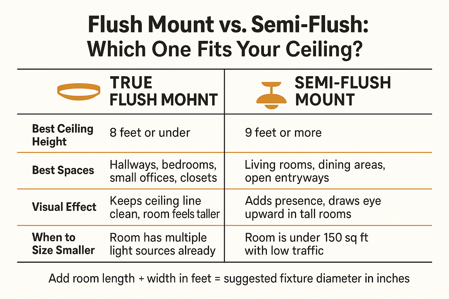 Infographic comparing flush mount and semi-flush ceiling fixtures by ceiling height, room type, and visual effect.