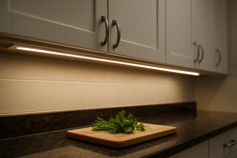 LED strip lights in aluminum channel under kitchen cabinets casting warm even light on a granite countertop with a cutting board below