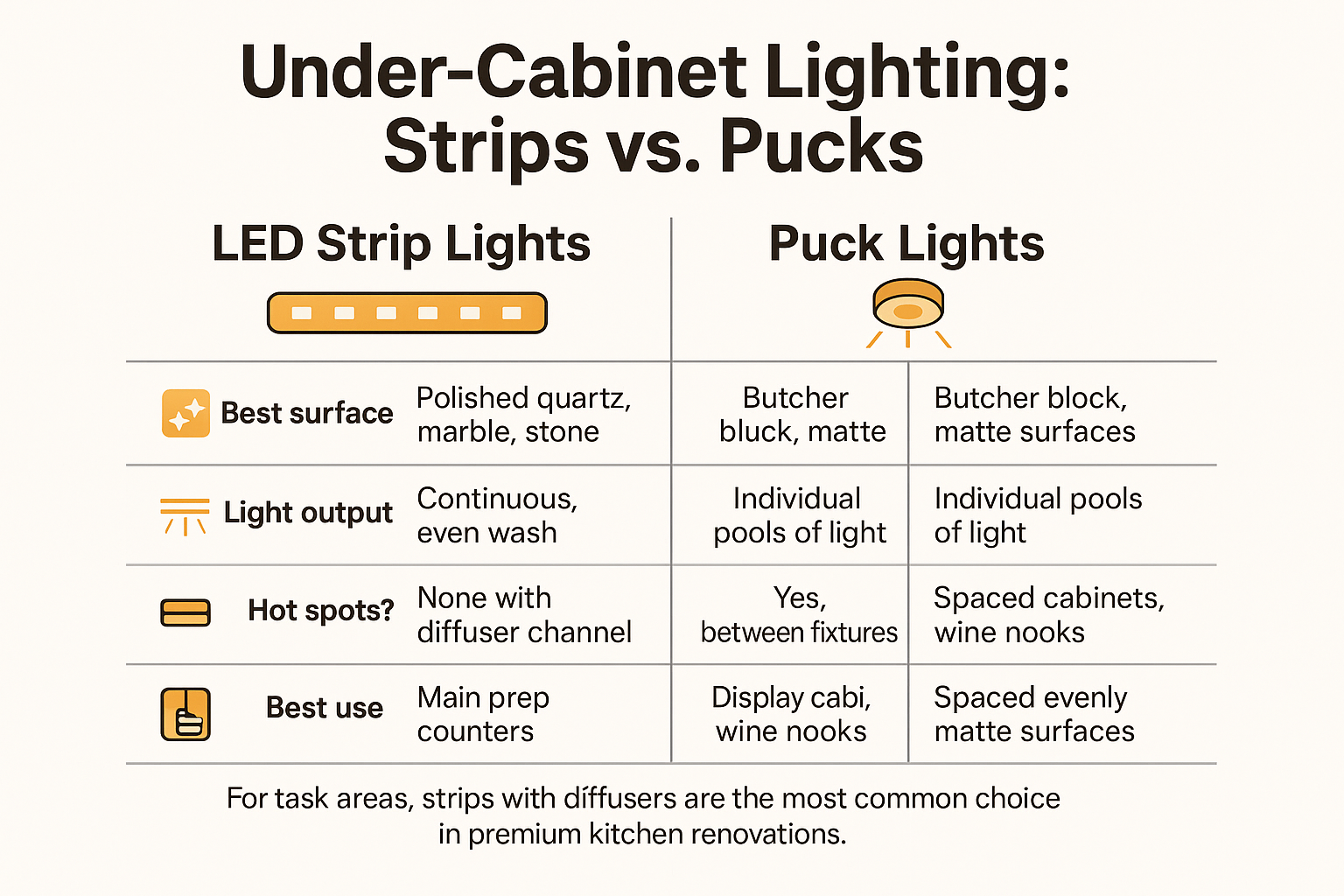 Infographic comparing LED strip lights versus puck lights for under-cabinet kitchen lighting across surface type, output, and best use