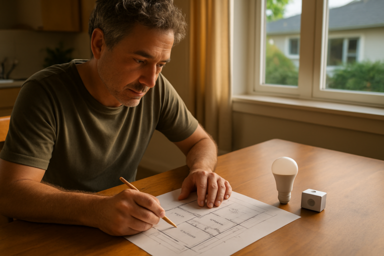 Homeowner reviewing a lighting floor plan with LED bulb and vacancy sensor on the table during a California remodel project.