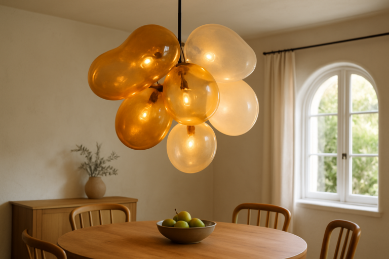 Sculptural blown glass pendant chandelier hanging over a round dining table in a coastal California cottage