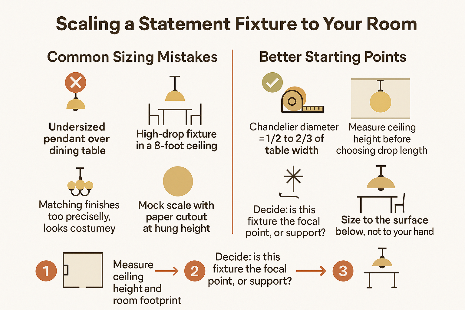 Infographic showing how to scale a sculptural statement lighting fixture to a room's ceiling height and surface dimensions
