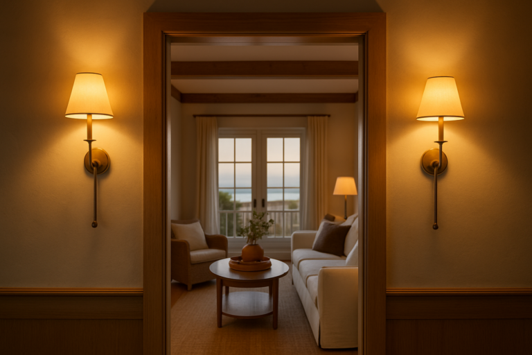 Pair of aged brass wall sconces flanking a doorway in a coastal California living room with warm ambient light