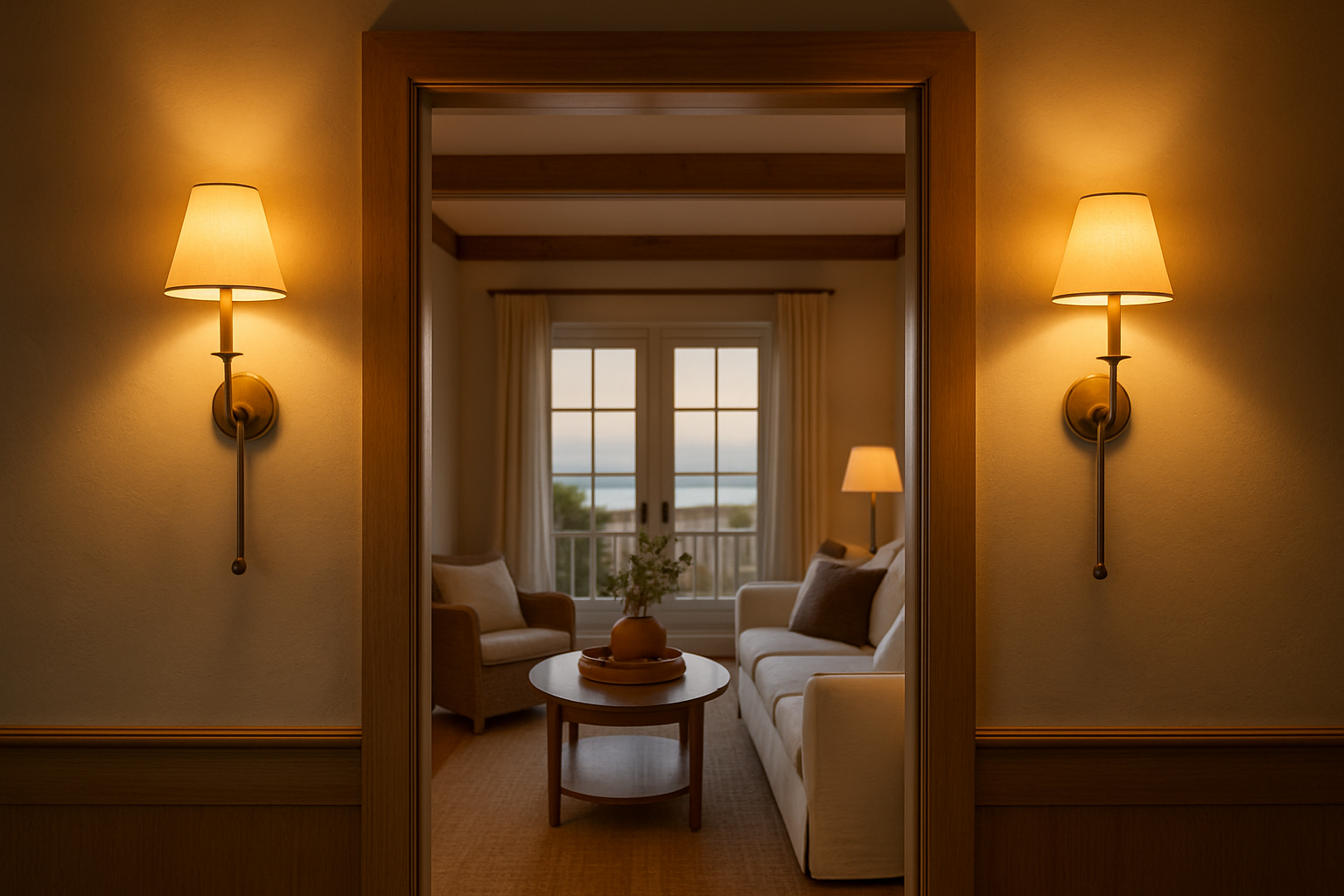 Pair of aged brass wall sconces flanking a doorway in a coastal California living room with warm ambient light