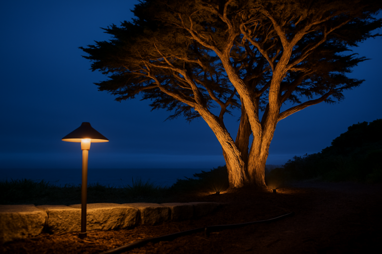 Monterey cypress uplit at dusk by two bronze low voltage fixtures set in dark soil