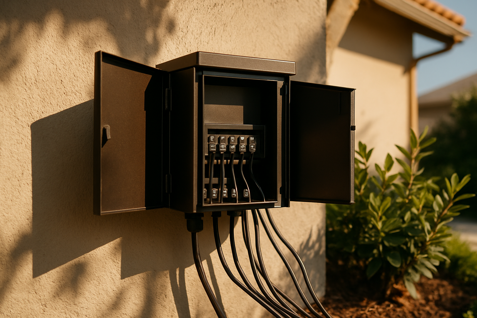 Open bronze low voltage transformer on a stucco exterior wall with multiple landscape cables connected to terminals