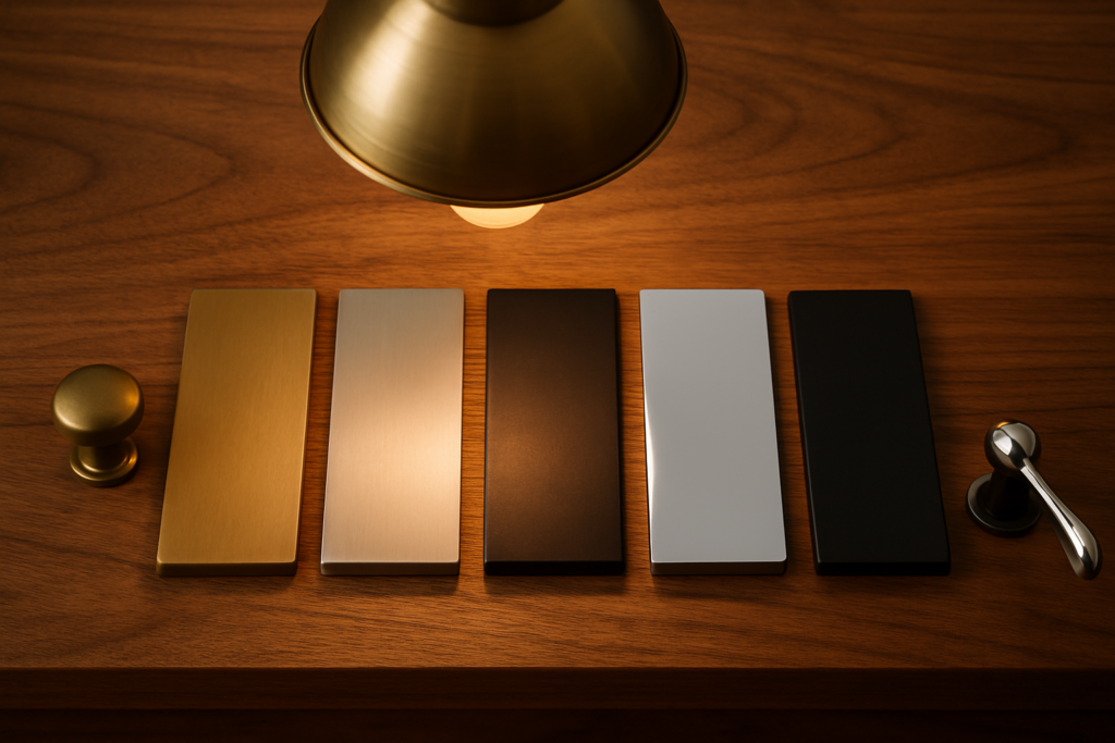 Metal fixture finish samples lined up on a showroom counter under warm pendant light for comparison