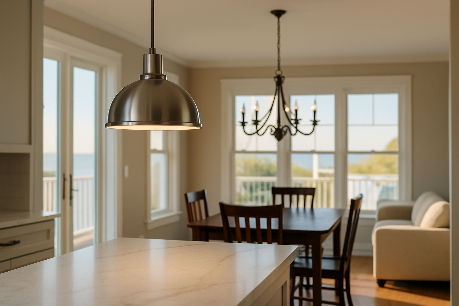 Open-plan kitchen and dining area where two different fixture finishes are visible in the same sightline