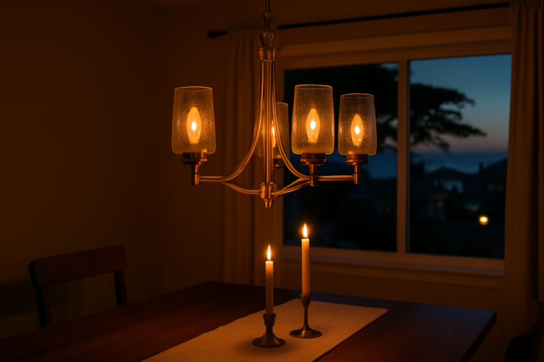 Brass chandelier dimmed to a warm amber glow over a dining table at dusk with a coastal window behind