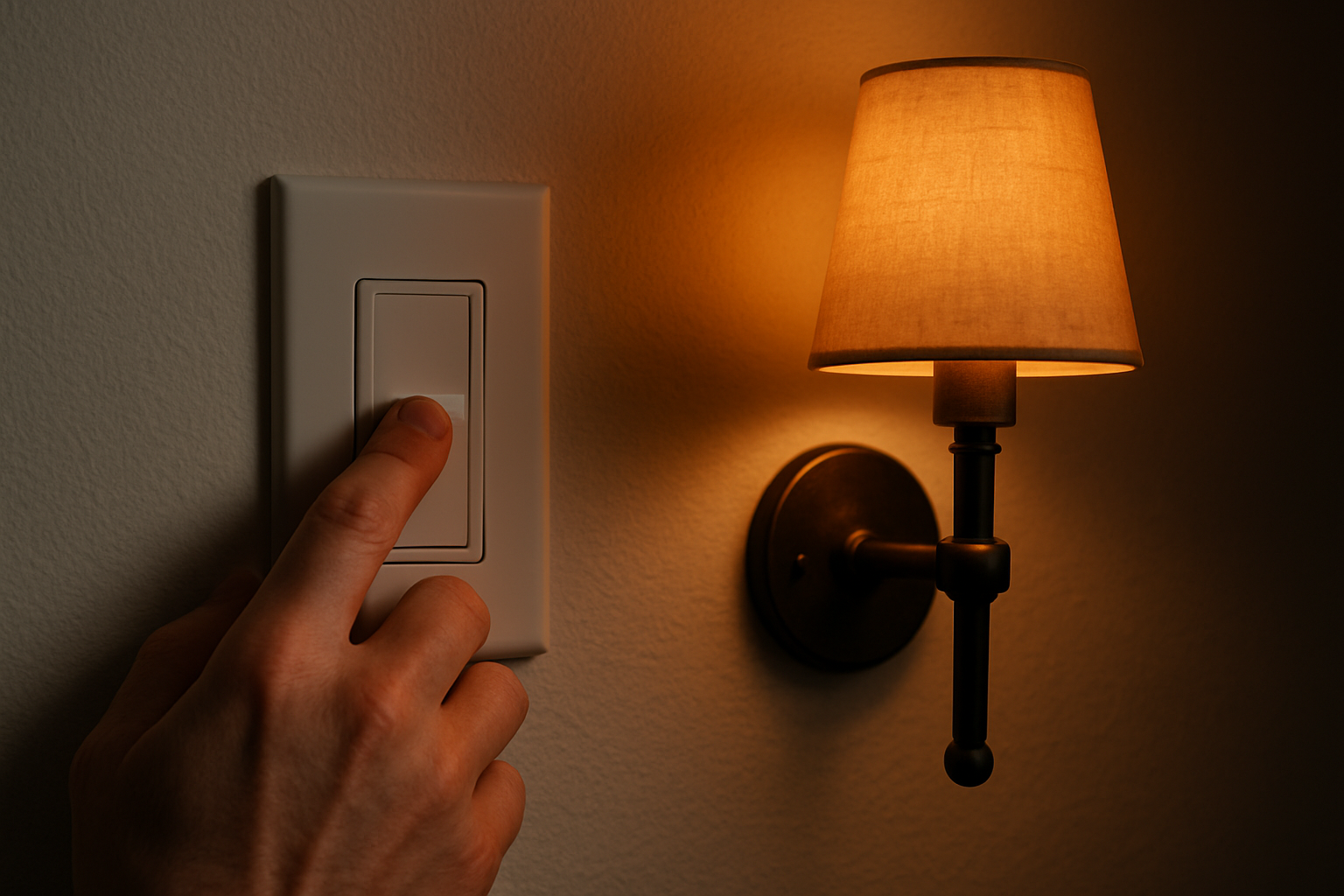 Hand lowering a wall dimmer while a bronze sconce beside it glows a deep amber at low output