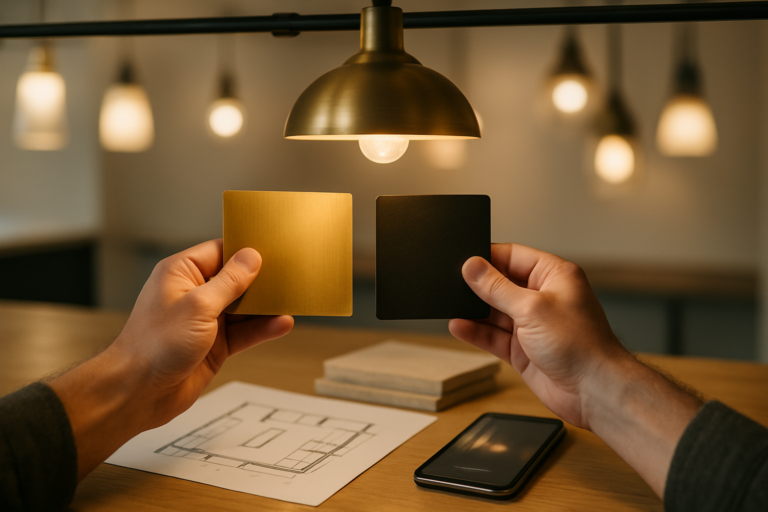 Hands comparing brass and bronze fixture finishes under a lit pendant during a lighting consultation