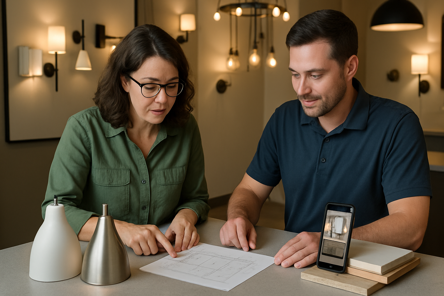 Consultant and homeowner reviewing a hand-drawn kitchen layout and finish samples at a lighting showroom counter