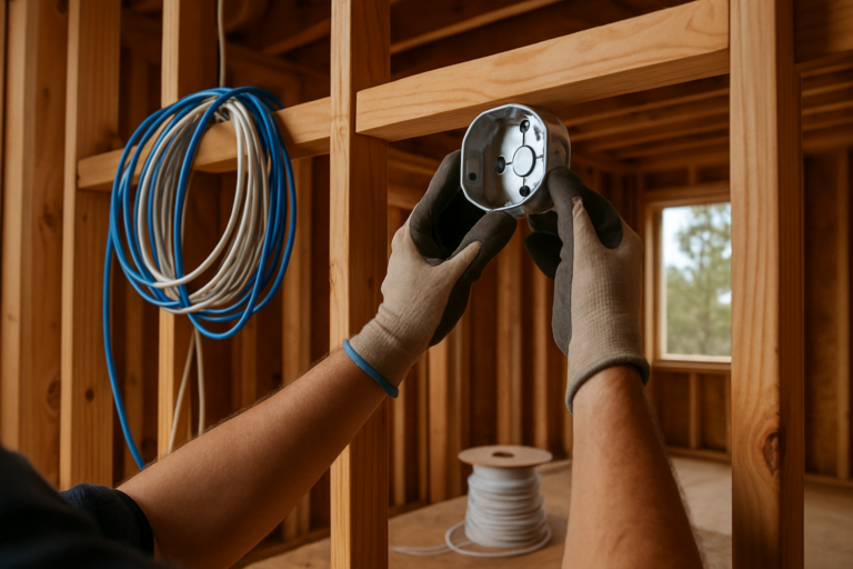 Electrician mounting a ceiling box between joists during rough-in wiring on a new home build
