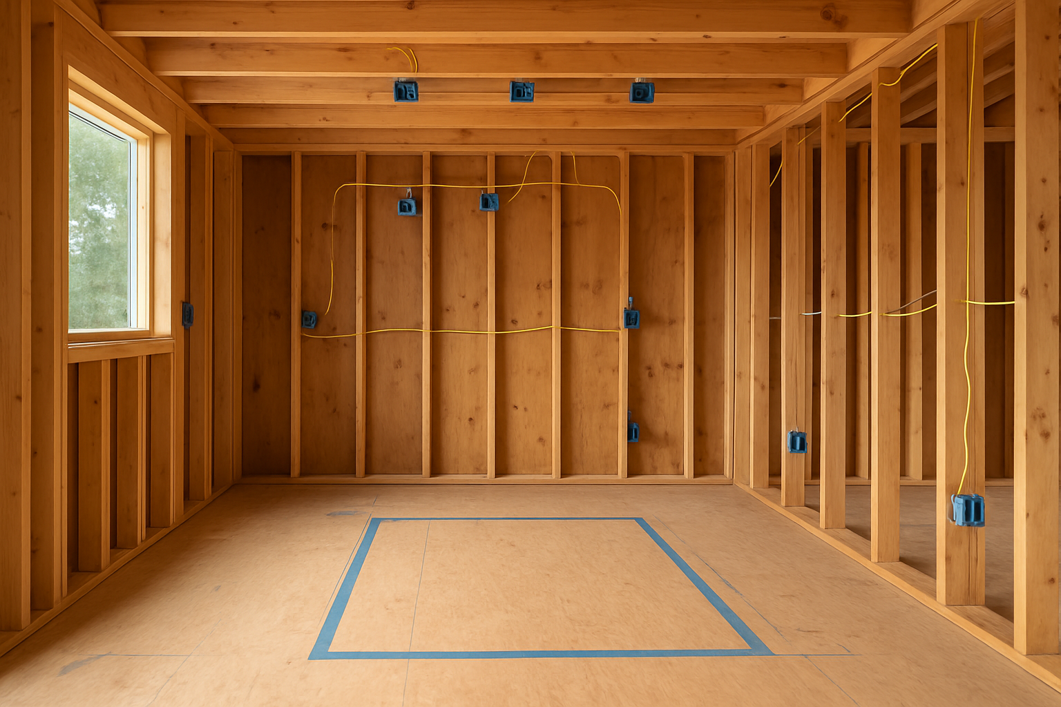 Three ceiling junction boxes spaced above a taped island outline during kitchen rough-in wiring