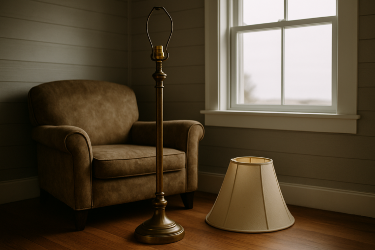 Antique brass floor lamp with a bare harp and socket next to its old removed shade on a cottage floor