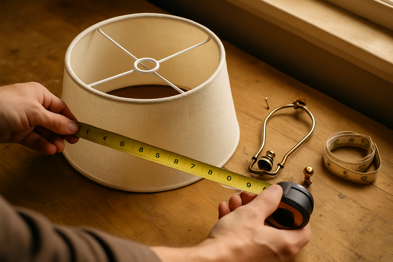 Hands measuring the bottom diameter of a linen lamp shade on a workbench beside a brass harp and finial