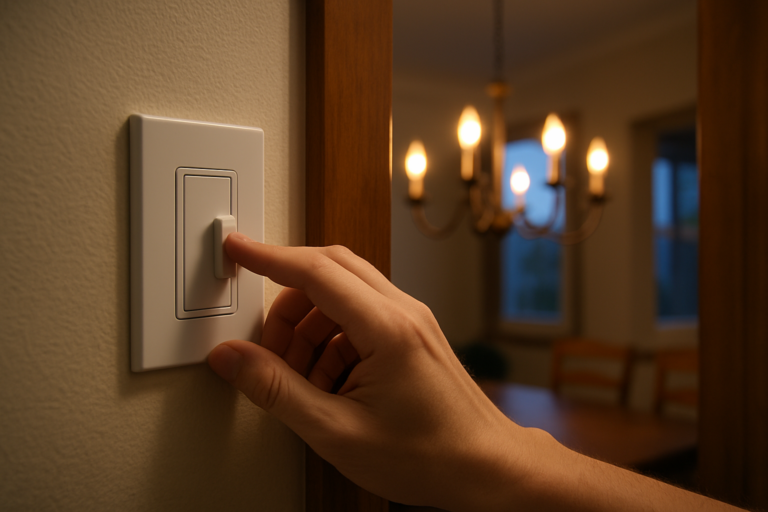 Hand lowering a wall dimmer while a bronze chandelier glows unevenly in the background