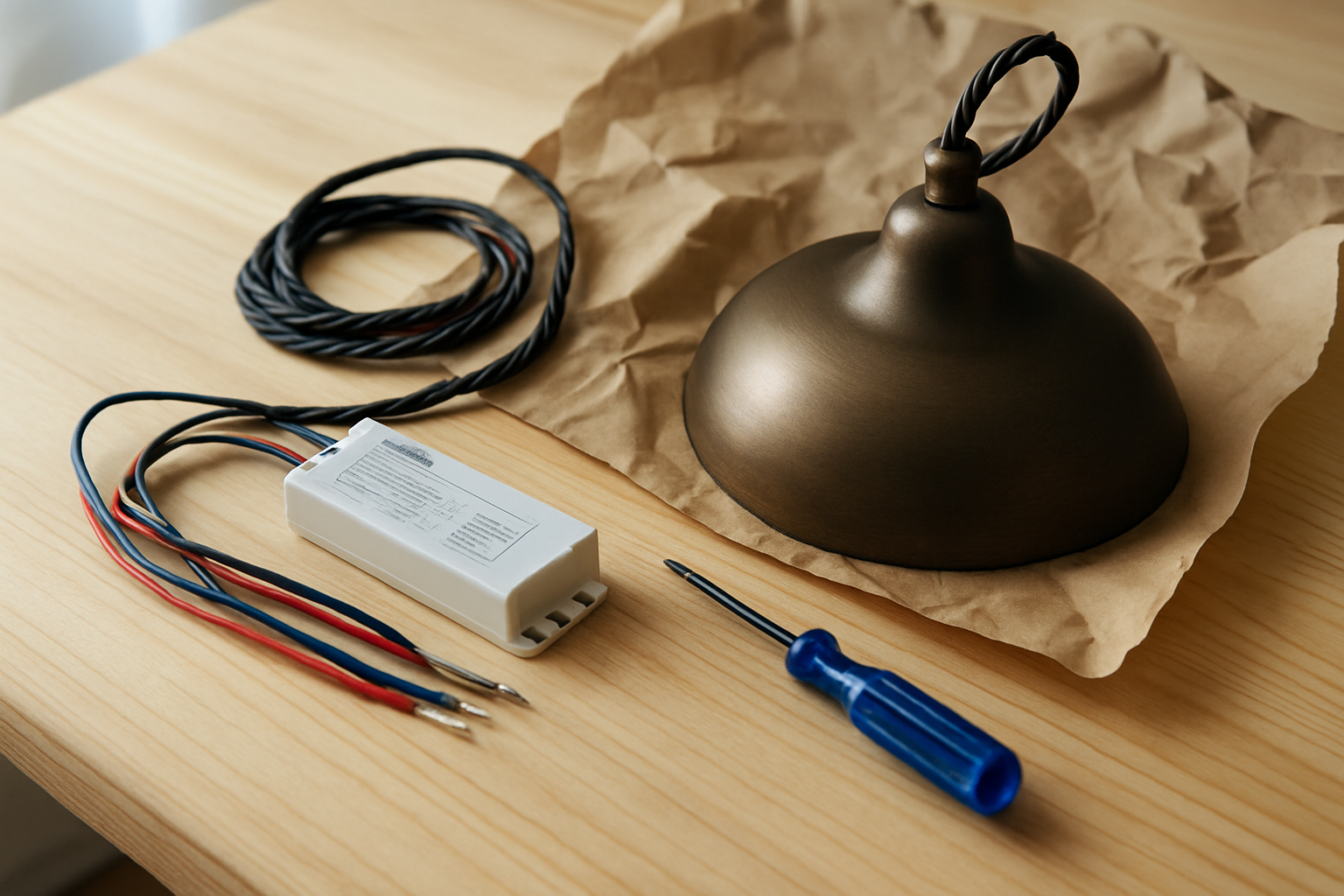 LED driver module and wire leads on a workbench beside an unwrapped bronze pendant fixture