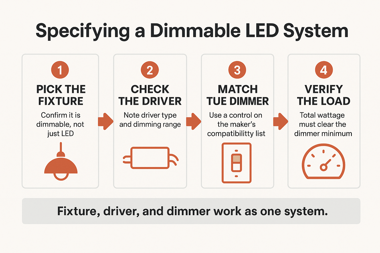 Infographic showing four steps to spec a dimmable LED system: fixture, driver, dimmer, load