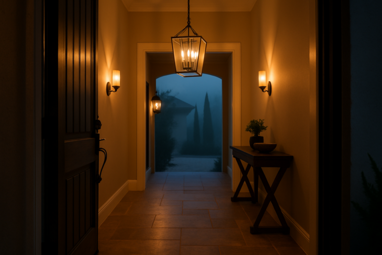 Foyer with a large lantern pendant, two glowing wall sconces, and a matching porch light seen through the open front door