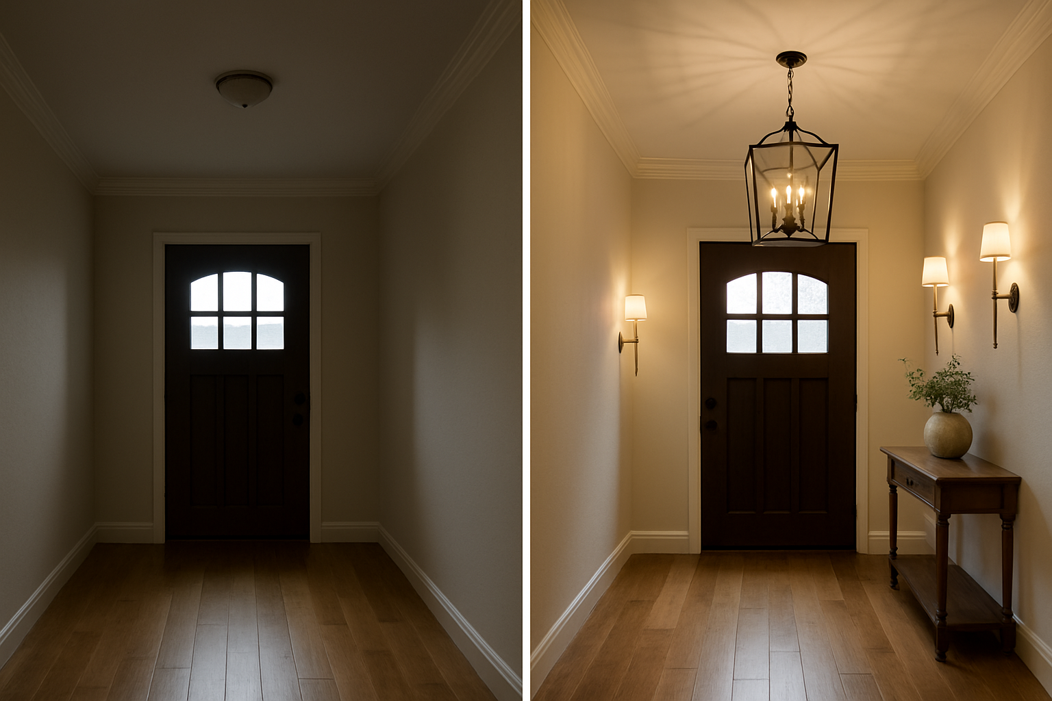 Comparison of an undersized entry ceiling fixture versus a properly scaled pendant paired with wall sconces